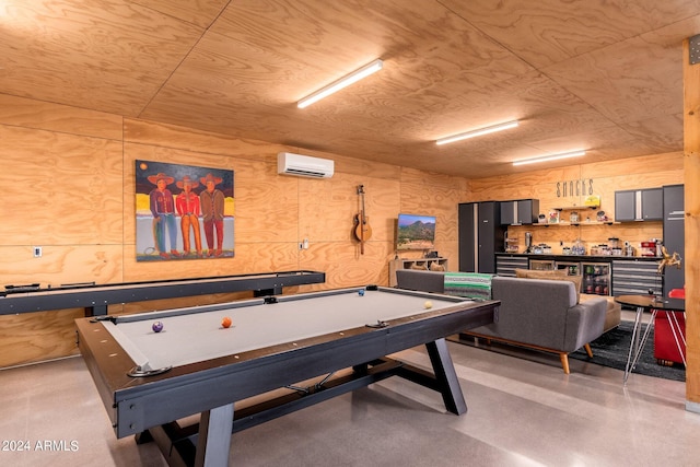 recreation room with an AC wall unit, wood ceiling, pool table, and beverage cooler