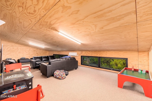 rec room with lofted ceiling and carpet floors