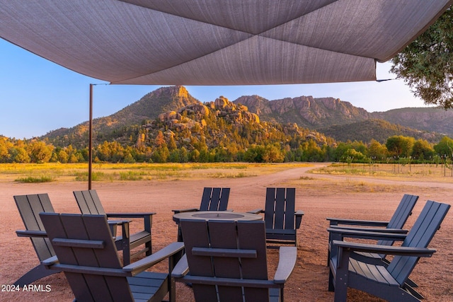 view of patio / terrace with a mountain view