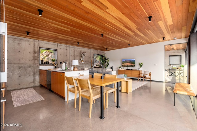 dining room with wooden ceiling