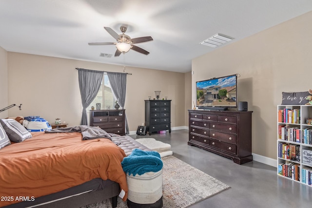 bedroom with visible vents, a ceiling fan, finished concrete flooring, and baseboards