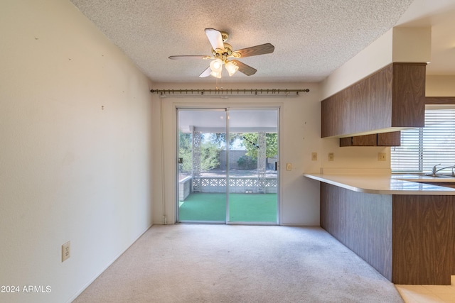 kitchen with ceiling fan, light colored carpet, sink, and a textured ceiling