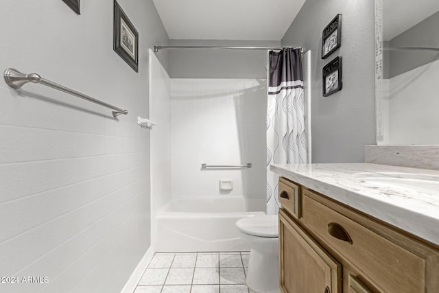 full bathroom with vanity, shower / bathtub combination with curtain, tile patterned floors, and toilet