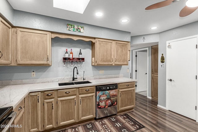 kitchen with sink, light stone counters, dark hardwood / wood-style floors, ceiling fan, and stainless steel appliances