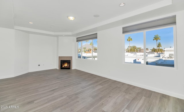 unfurnished living room featuring a tray ceiling, a wealth of natural light, and light wood-type flooring