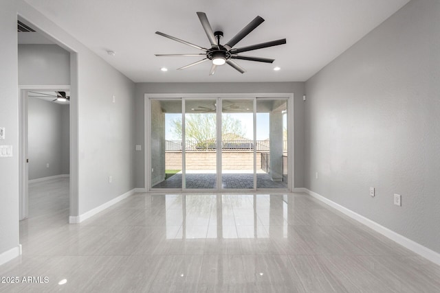 empty room with a ceiling fan, recessed lighting, visible vents, and baseboards