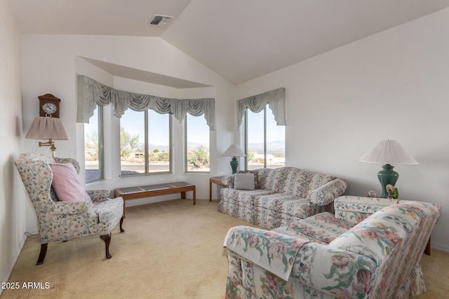 carpeted living room featuring lofted ceiling