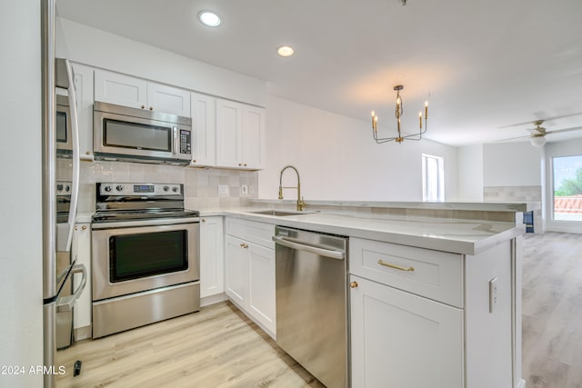 kitchen with white cabinets, sink, kitchen peninsula, and appliances with stainless steel finishes