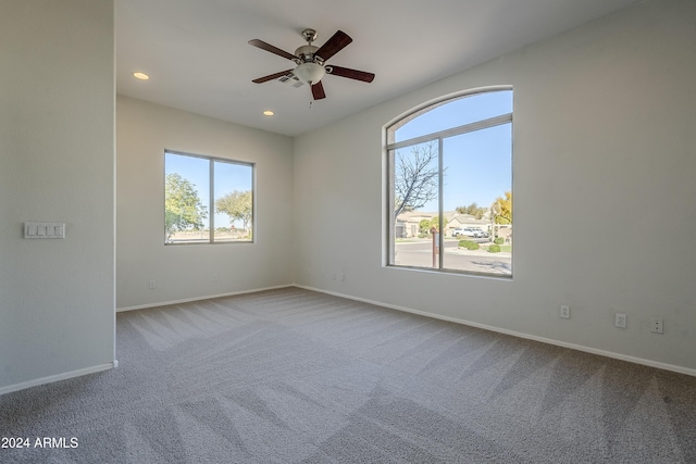 spare room featuring ceiling fan, plenty of natural light, and carpet