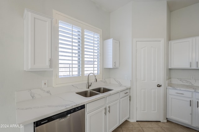 kitchen with stainless steel dishwasher, white cabinets, and sink