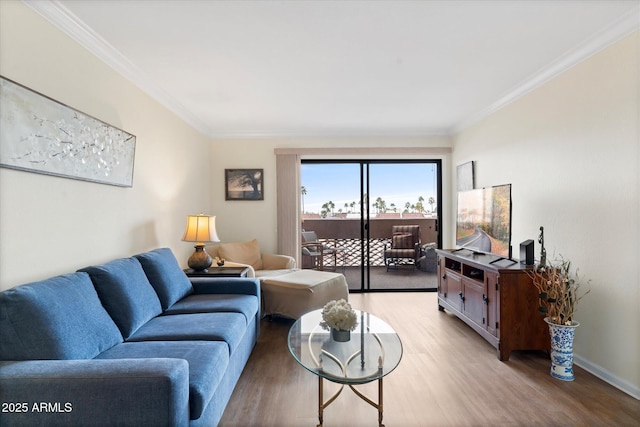 living room with crown molding and light hardwood / wood-style flooring