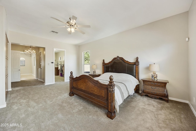 2727 S Balboa Dr, Gilbert, AZ 85295 - bedroom featuring carpet flooring, a chandelier, baseboards, a spacious closet, and ceiling fan