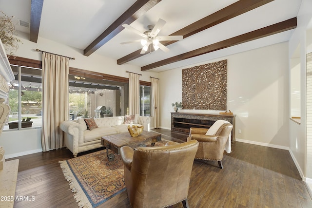 2727 S Balboa Dr, Gilbert, AZ 85295 - living room with baseboards, a fireplace, wood-type flooring, beam ceiling, and ceiling fan
