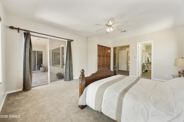 2727 S Balboa Dr, Gilbert, AZ 85295 - bedroom featuring light colored carpet, access to outside, baseboards, a ceiling fan, and a chandelier