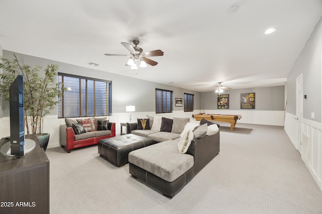 2727 S Balboa Dr, Gilbert, AZ 85295 - carpeted living area featuring a ceiling fan, billiards table, wainscoting, and a decorative wall
