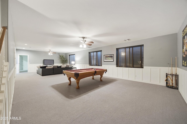 2727 S Balboa Dr, Gilbert, AZ 85295 - game room featuring billiards table, carpet, a wainscoted wall, a decorative wall, and ceiling fan
