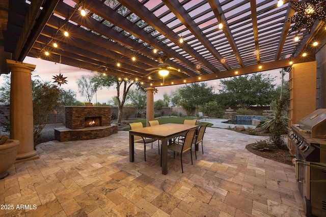 2727 S Balboa Dr, Gilbert, AZ 85295 - view of patio with an outdoor stone fireplace, outdoor dining space, a fenced backyard, grilling area, and a pergola