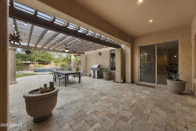 2727 S Balboa Dr, Gilbert, AZ 85295 - view of patio / terrace featuring a grill, a pergola, ceiling fan, outdoor dining space, and an outdoor pool