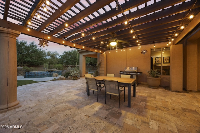 2727 S Balboa Dr, Gilbert, AZ 85295 - patio terrace at dusk featuring outdoor dining space, an outdoor pool, and a pergola