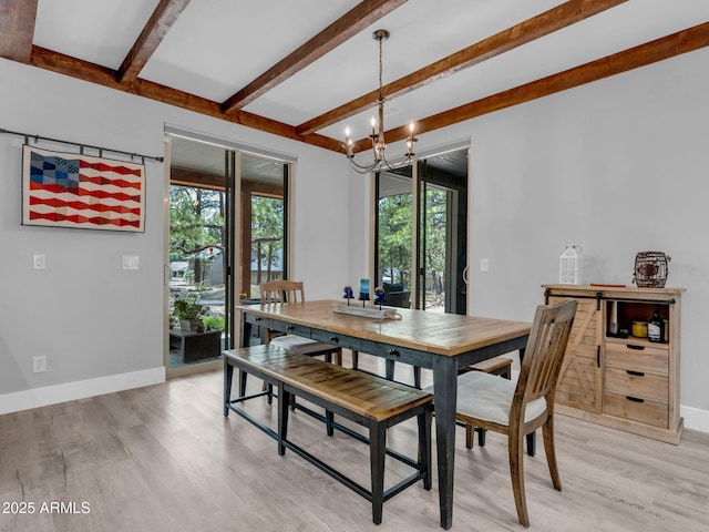 956 S Torrey Pines Dr, Williams, AZ 86046 - dining room featuring light wood-type flooring, a chandelier, and beamed ceiling