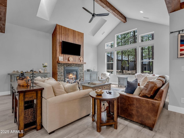 956 S Torrey Pines Dr, Williams, AZ 86046 - living area with beam ceiling, a stone fireplace, a ceiling fan, high vaulted ceiling, and light wood finished floors