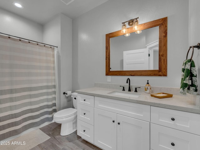 956 S Torrey Pines Dr, Williams, AZ 86046 - bathroom with vanity, wood finished floors, recessed lighting, and a shower with curtain
