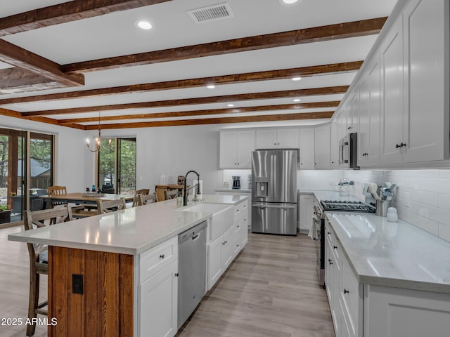 956 S Torrey Pines Dr, Williams, AZ 86046 - kitchen with stainless steel appliances, a kitchen bar, beamed ceiling, white cabinetry, and decorative backsplash