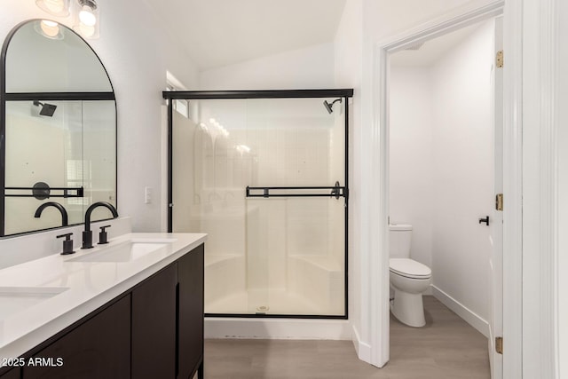 bathroom with toilet, a sink, wood finished floors, a shower stall, and double vanity