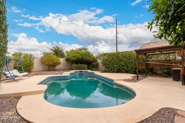 view of swimming pool with a gazebo, a patio area, a fenced in pool, and a fenced backyard