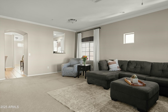 carpeted living room featuring crown molding