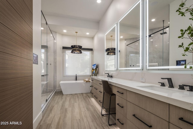 bathroom with hardwood / wood-style flooring, plus walk in shower, and vanity