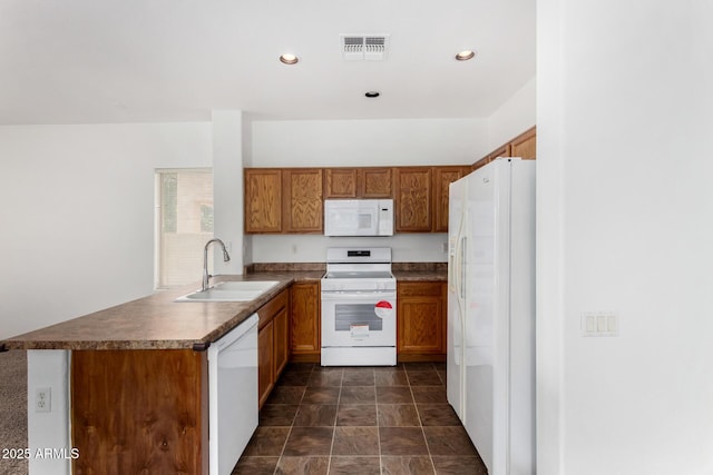 kitchen with sink, white appliances, and kitchen peninsula