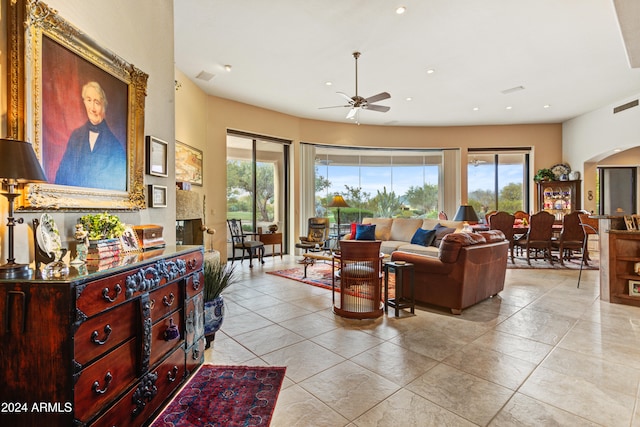 living room featuring ceiling fan