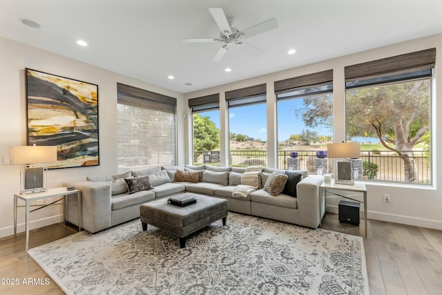 6929 E Montreal Pl, Scottsdale, AZ 85254 - living area featuring wood finished floors, baseboards, a ceiling fan, and recessed lighting