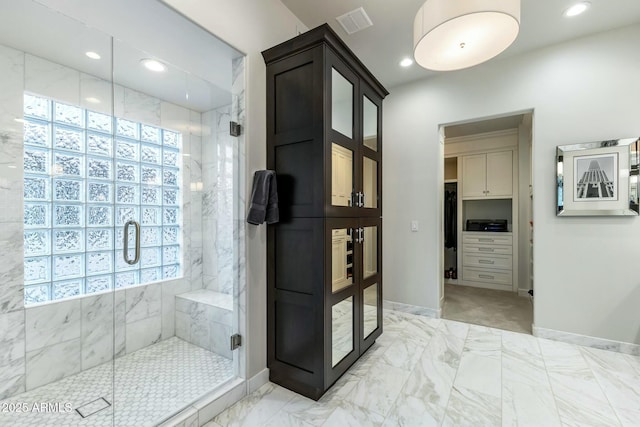 6929 E Montreal Pl, Scottsdale, AZ 85254 - bathroom featuring marble finish floor, a stall shower, and a healthy amount of sunlight