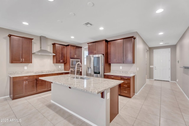 10160 E Harvest Rd, Florence, AZ 85132 - kitchen featuring wall chimney exhaust hood, stainless steel fridge with ice dispenser, a sink, baseboards, and light tile patterned floors