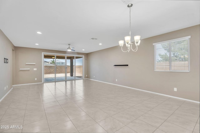 10160 E Harvest Rd, Florence, AZ 85132 - unfurnished room with baseboards, healthy amount of natural light, a ceiling fan, a chandelier, and recessed lighting