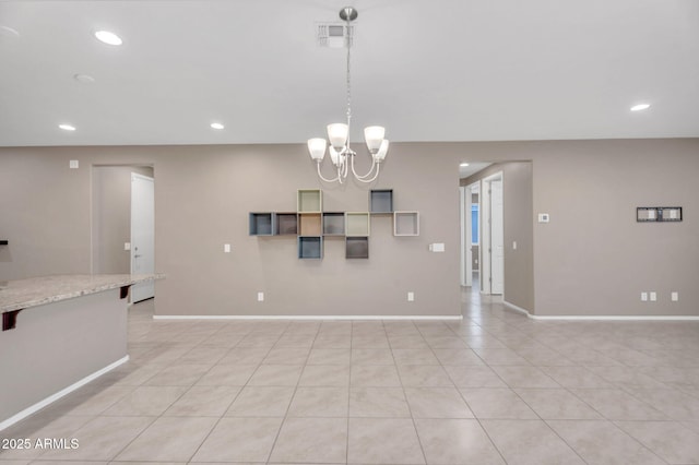 10160 E Harvest Rd, Florence, AZ 85132 - unfurnished living room with baseboards, a chandelier, recessed lighting, and light tile patterned flooring