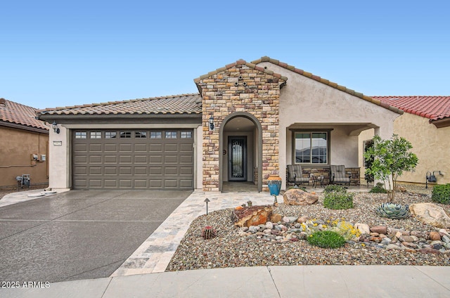 25920 W Westcott Dr, Buckeye, AZ 85396 - view of front of property with a garage, stucco siding, a porch, a tile roof, and concrete driveway