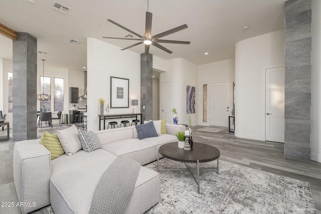 28437 N 112th Way, Scottsdale, AZ 85262 - living area featuring wood finished floors, visible vents, a ceiling fan, and recessed lighting