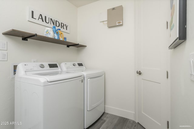 28437 N 112th Way, Scottsdale, AZ 85262 - washroom with wood finished floors, washing machine and clothes dryer, laundry area, and baseboards