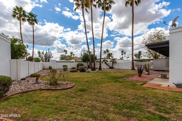 view of yard featuring a patio area and a fenced backyard