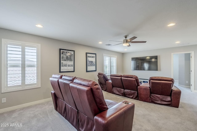 10249 E Kinetic Dr, Mesa, AZ 85212 - home theater room featuring carpet, recessed lighting, baseboards, and ceiling fan