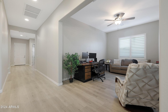 home office with a ceiling fan, visible vents, baseboards, light wood-style floors, and recessed lighting
