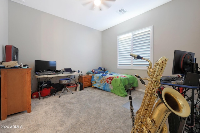 carpeted bedroom with vaulted ceiling and visible vents