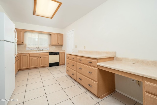 kitchen with light brown cabinets, white appliances, sink, light tile patterned floors, and tasteful backsplash