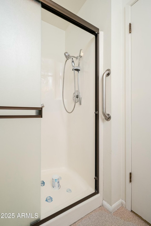 bathroom featuring a shower with shower door