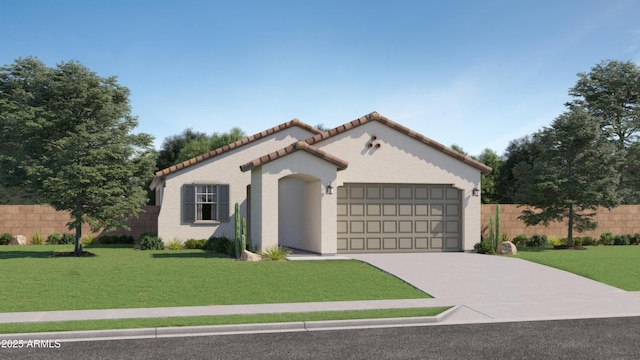 mediterranean / spanish home featuring a garage and a front lawn