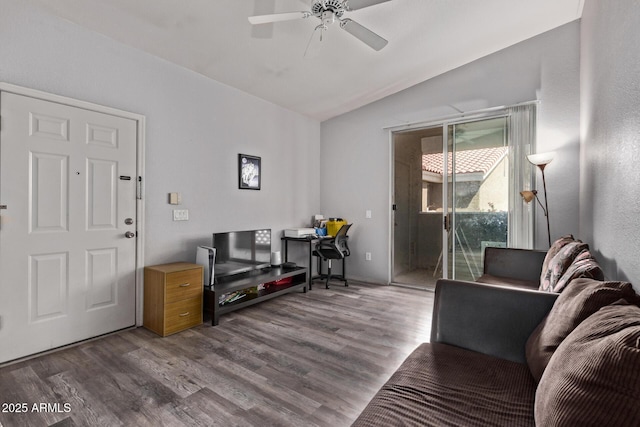 2929 W Yorkshire Dr Unit 2074, Phoenix, AZ 85027 - living room with lofted ceiling, a ceiling fan, wood finished floors, and an office area