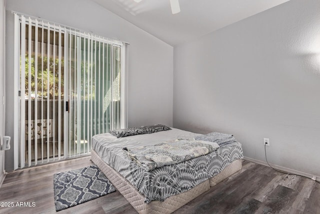2929 W Yorkshire Dr Unit 2074, Phoenix, AZ 85027 - bedroom featuring vaulted ceiling, wood finished floors, access to exterior, a ceiling fan, and baseboards